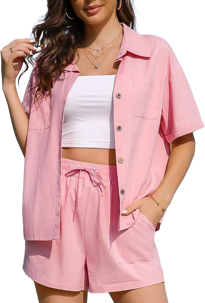 Dulayoo 100% Cotton Two Piece Outfits for Women Summer Linen Shirts and Drawstring Shorts Set Cas... | Amazon (US)