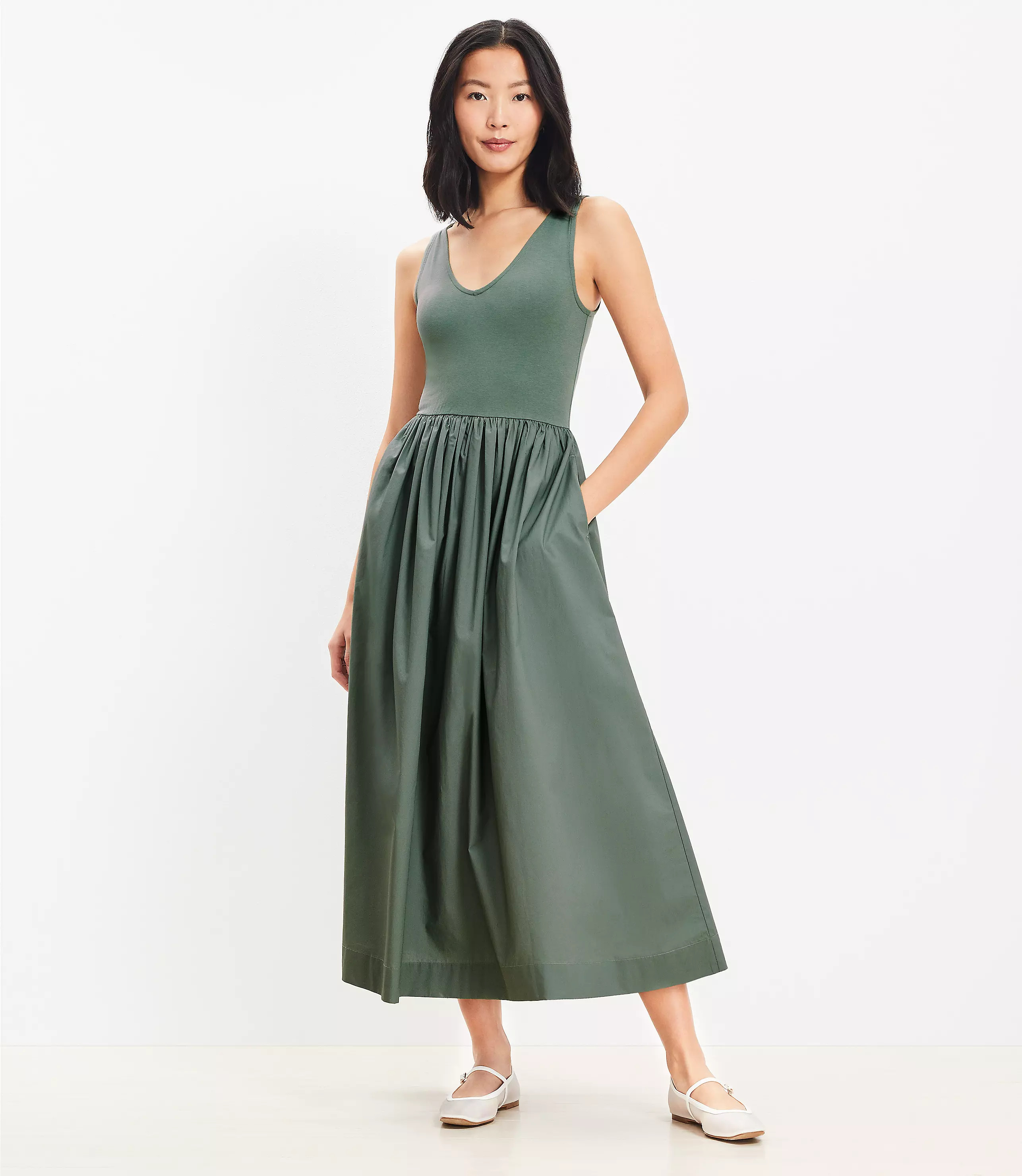 Mixed Media Midi Pocket Dress | LOFT