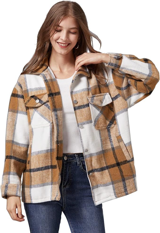 Liengoron Womens Shacket Jacket Plaid Wool Blend Oversized Button Down Shacket Jacket with Pocket... | Amazon (US)