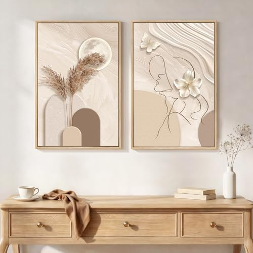 Framed Neutral Abstract Wall Art for Living Room, Set of 2 Modern Beige and Taupe Canvas Painting... | Amazon (US)