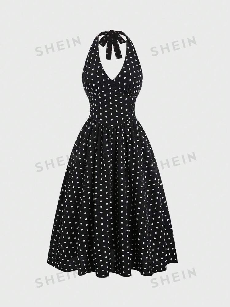 SHEIN Sweetro Elegant Polka Dot Backless Halter Dress For Summer | SHEIN