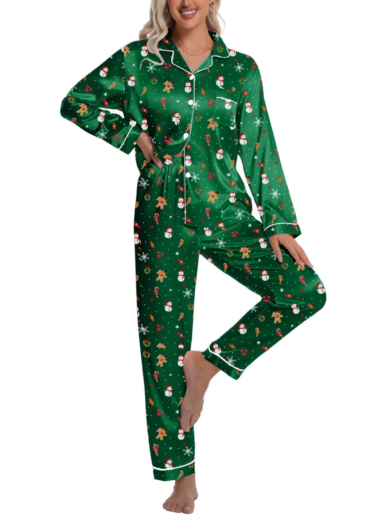 DAKIMOE Silk Satin Pajamas Set Womens Christmas Pajamas Long Sleepwear Button Down 2 Piece Classi... | Walmart (US)