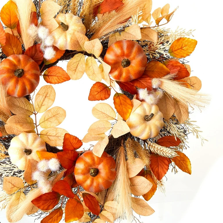 Foam Pumpkin & Fall Foliage Wreath Decor, Orange & Cream, 24", Harvest by Way To Celebrate - Walm... | Walmart (US)