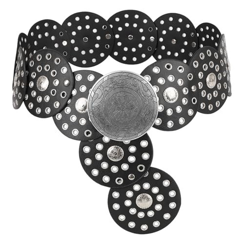 SNCEAW Western Belts for Women Wide Belts Country Concert Outfits Disc Belt Cowgirl Boho Leather Belt for Jeans Dress (Black-silver Buckle, Fits waists up to 37") | Amazon (US)