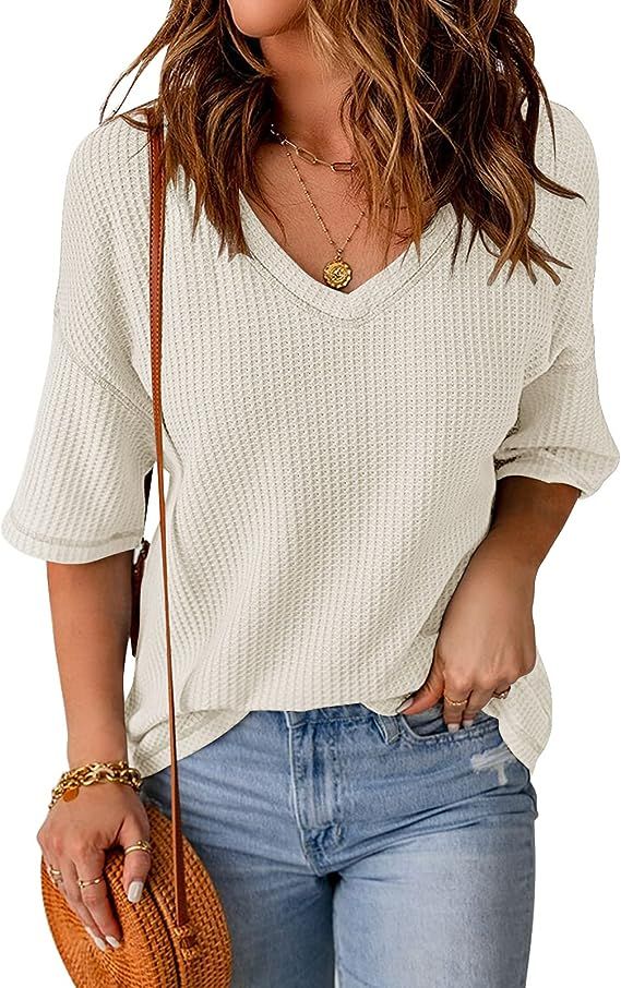 MEROKEETY Women's V Neck Batwing Half Sleeve Shirts Waffle Knit Loose Blouse Solid Color Tops | Amazon (US)