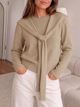 Saodimallsu Womens Crew Neck Pullover Sweaters with Attached Shawl Wraps | Amazon (US)