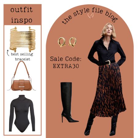Thanksgiving outfit.  Mango pleated midi skirt.  Knee High Boots.  Prada handbag.  Skims bodysuit.  Gold cuff bracelet.  Gold earrings.  

#LTKsalealert #LTKitbag #LTKstyletip