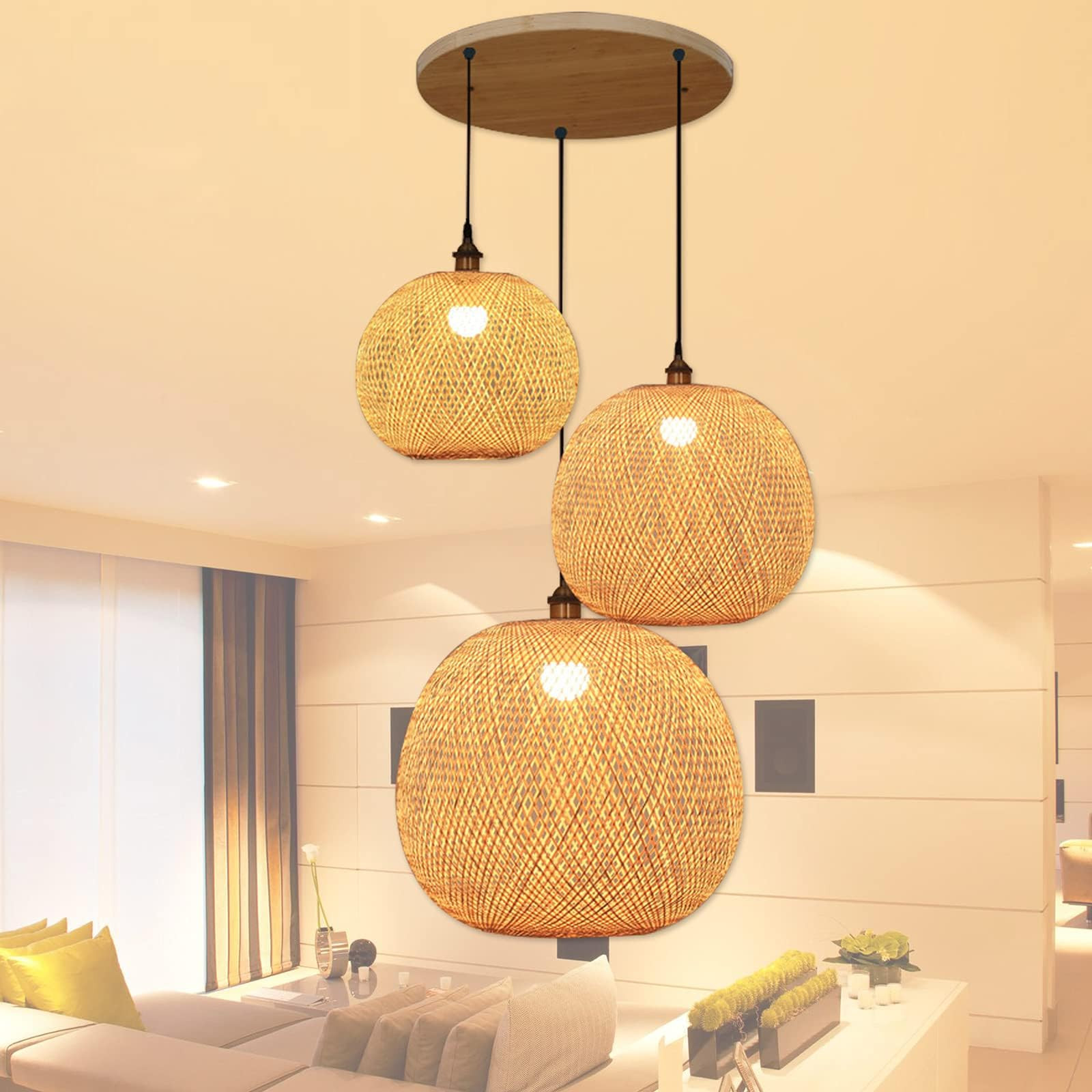 Bamboo Lantern Pendant Lamp, Retro Japanese Style E27 Chandelier Hanging Light Ceiling Lighting Fixt | Amazon (US)