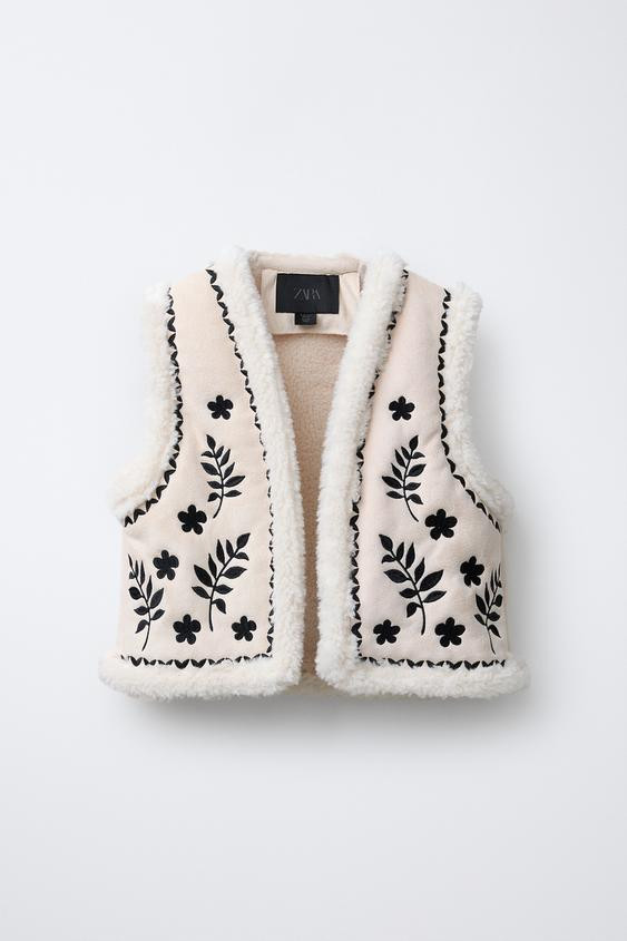 EMBROIDERED FAUX SUEDE SHEARLING VEST | Zara US