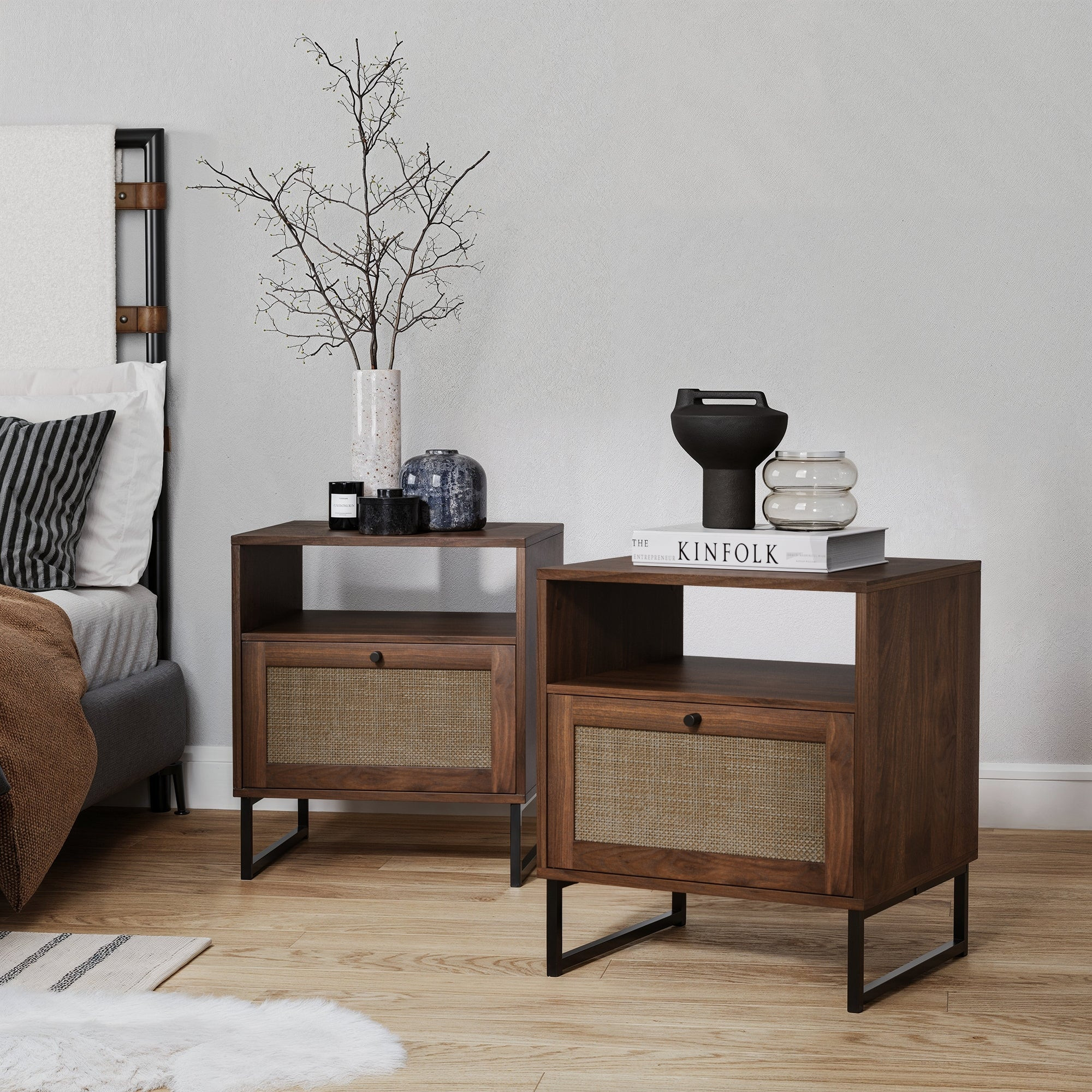 Rattan & Wood Storage Nightstands Walnut (Set of 2) | Nathan James
