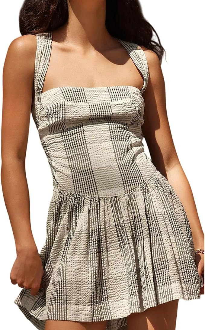 Womens Textured Tie Strappy Back Gingham Plaid Dropped Waist Mini Dress | Y2K Gingham Summer Wide... | Amazon (US)