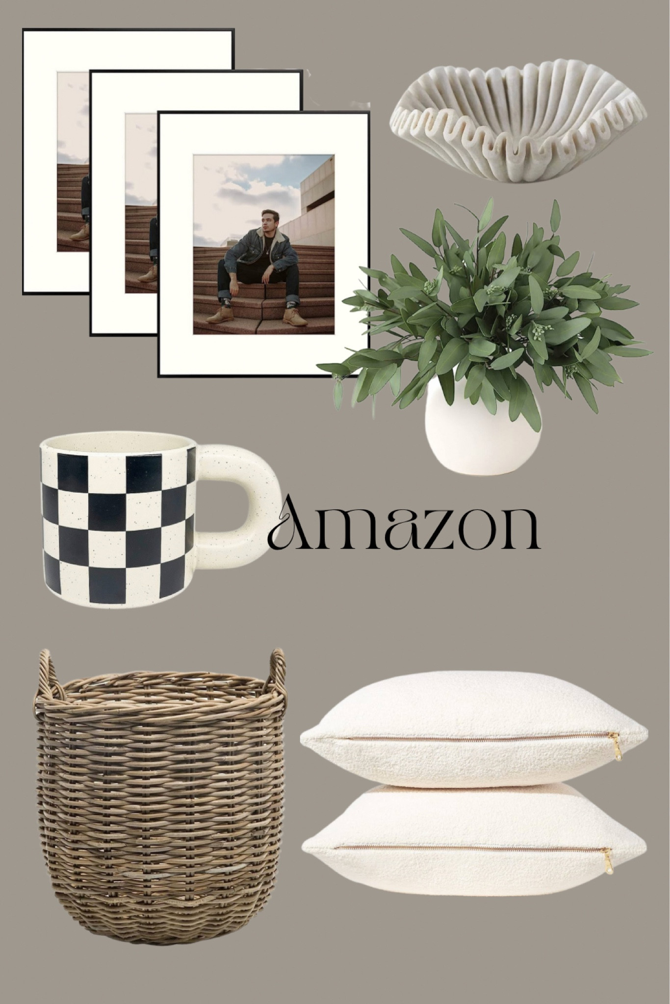 Aesthetic Amazon Home, modern organic decor, cozy modern decor, black picture frames, checkered mug, faux eucalyptus stems, sherpa throw pillows, woven basket, living room decor

#LTKFind #LTKhome #LTKstyletip