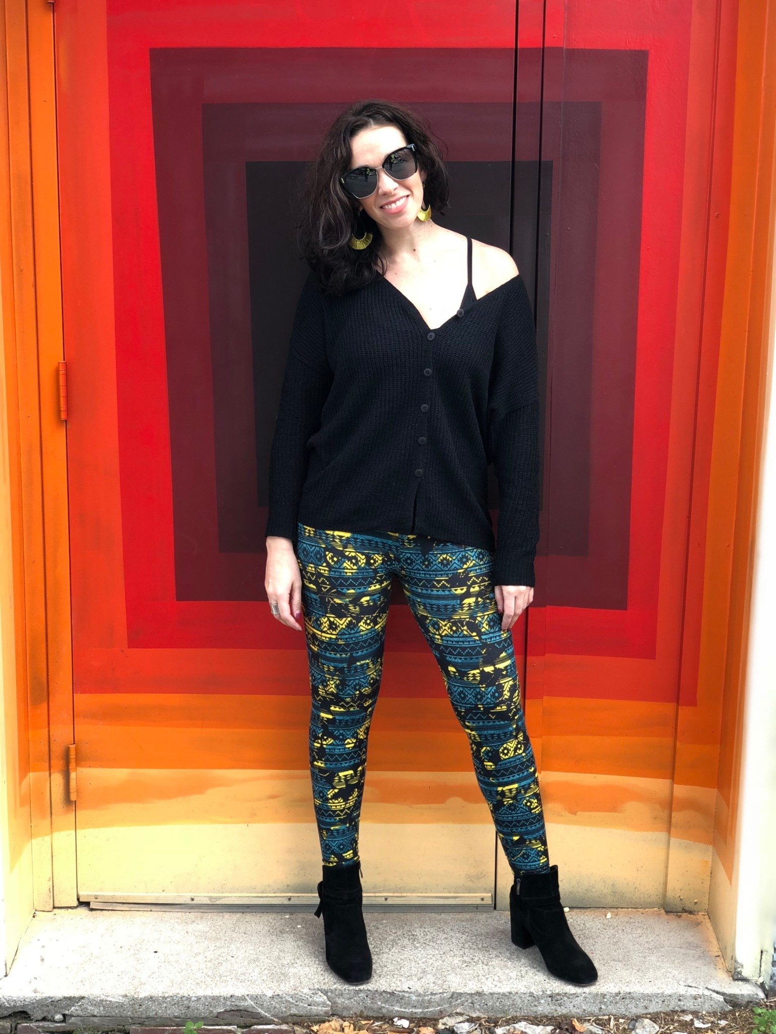 Black button down sweater (small). Turquoise black and yellow leggings (small). Black suede boots (8.5). #sweater #buttondownsweater #blacksweater #leggings #coloredleggings #boots #blackboots #suedeboots #thanksgivingoutfit Thanksgiving 

#LTKFindsUnder100 #LTKSeasonal