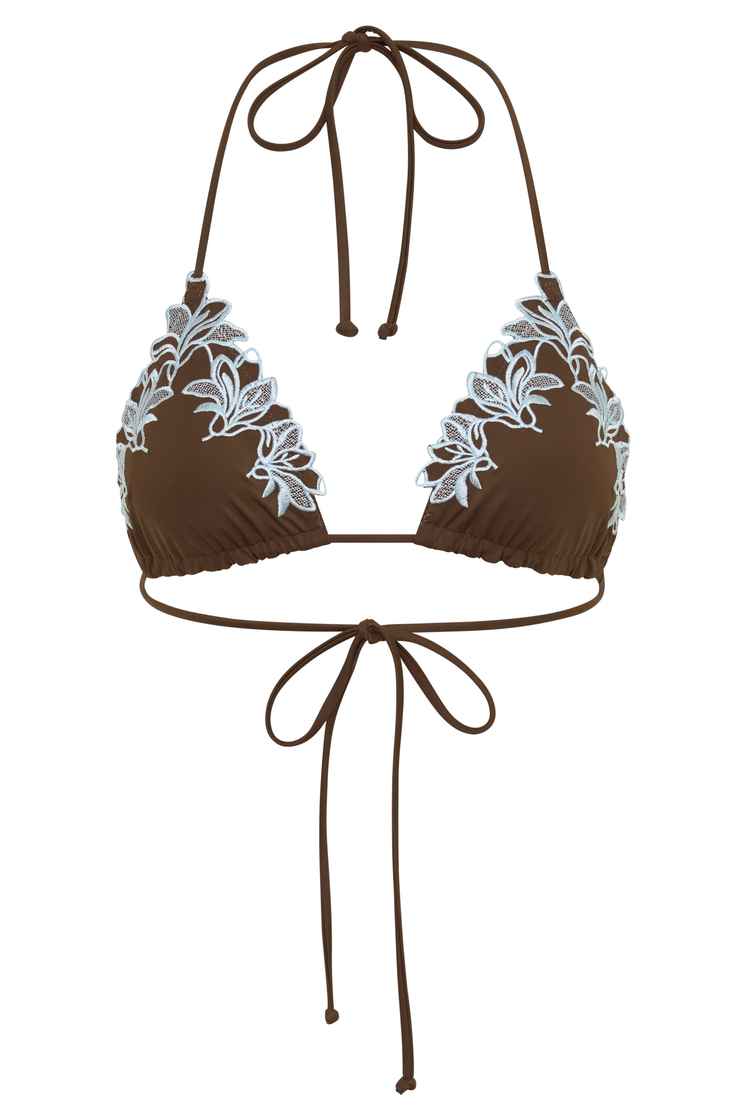 Bloom Embroidered Triangle Bikini Top - Chocolate With Pale Blue Embro | MESHKI US