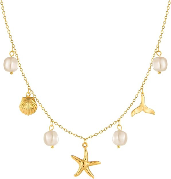 Charm Necklace for Women Pearl Starfish Seashell 14k Gold Summer Beach Surfer Jewelry Necklace Gi... | Amazon (US)