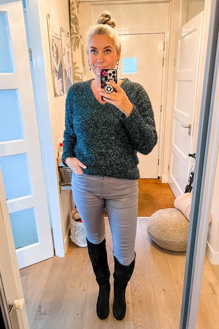 Ootd - Thursday. A real blue fuzzy glitter sweater paired with grey coated jeans and suede knee high boots. The boots have an elastic back panel making them suitable for wider calves as well. 



#LTKover40 #LTKeurope #LTKmidsize