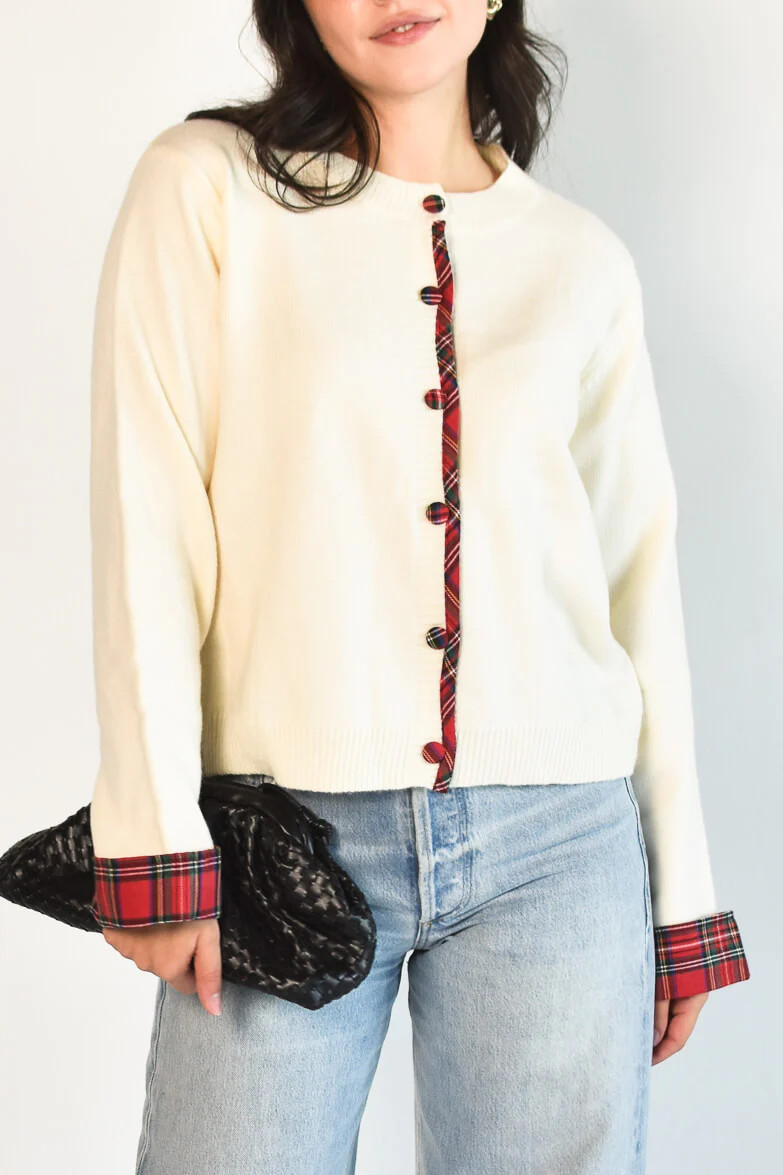 Very Merry Plaid Trim Cream Cardigan | Confête
