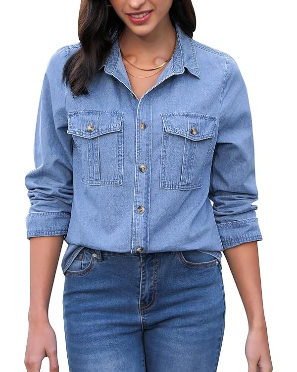 GRAPENT Denim Button Down Shirts for Women Long Sleeve Western Top Casual Cotton Relaxed Fit Jean... | Amazon (US)
