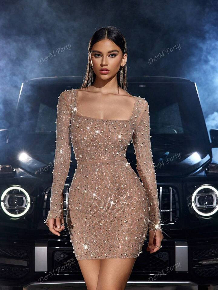 Glamorous Slim-Fit Party Dress With Beading, Studs And Diamonds, Square Neckline And Long Sleeves | SHEIN
