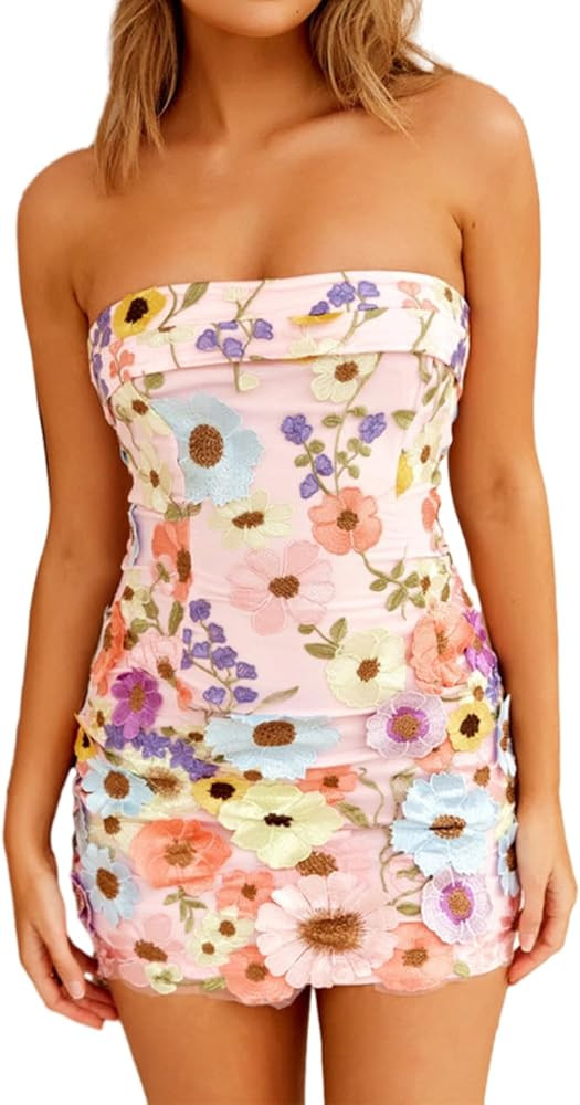 Women Floral Embroidered Mini Tube Dress Strapless Bodycon Sexy Low Cut Backless Cocktail Party S... | Amazon (US)