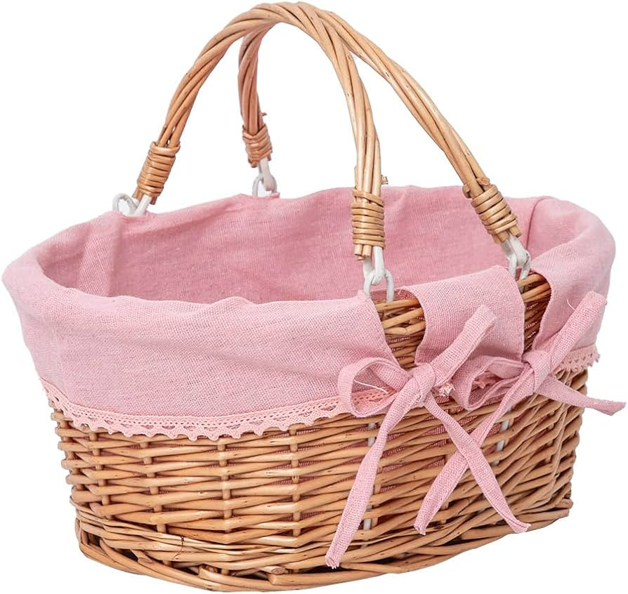 Small Wicker Basket with Removable Pink Liner, Willow Storage Basket for Gifts with Double Handle... | Amazon (US)