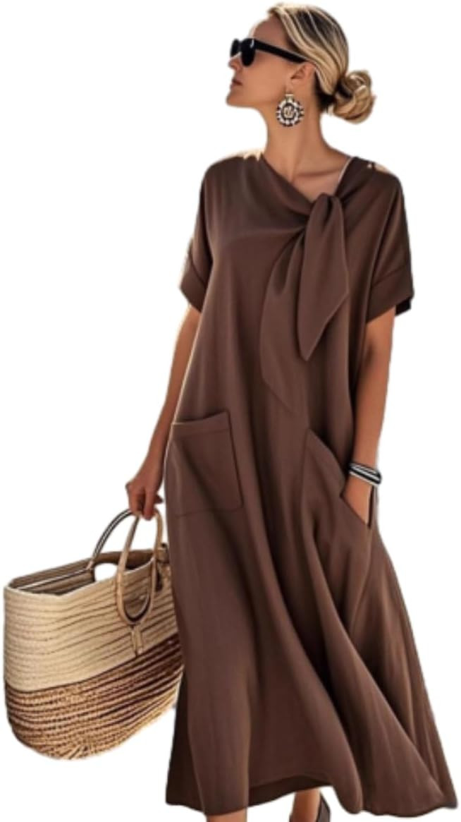 OSCORP Womens Linen Kaftan Maxi Dress – Short Sleeve Bow Neck Casual Summer Beach Vacation Dres... | Amazon (US)