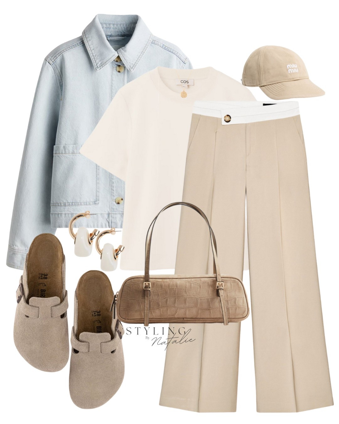 Laidback casual chic- denim jacket, contrast waistband wide leg tailored trousers, t-shirt, Miu Miu baseball cap, suede Birkenstock Boston clogs mules and handbag. Street style, minimalist style, everyday wear

#LTKuk #LTKstyletip #LTKeurope