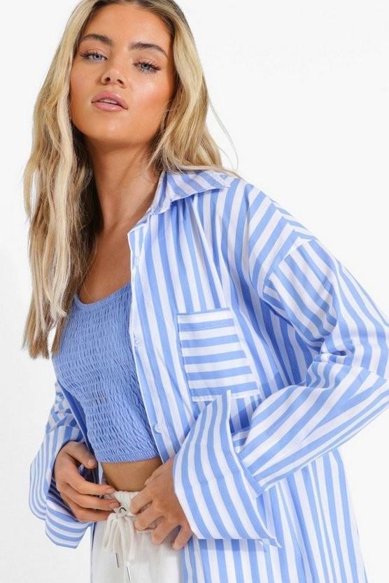 Chunky Stripe Deep Cuff Boyfriend Shirt | Boohoo.com (UK & IE)