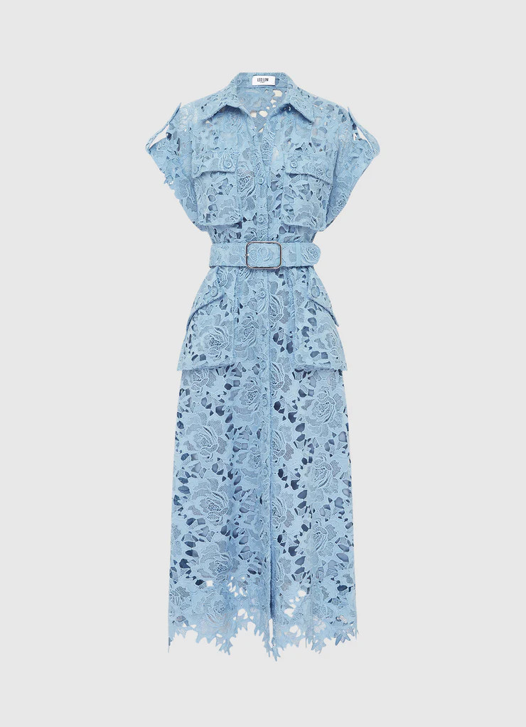 Audrey Lace Pocket Shirt Midi Dress - Powder Blue | LEO LIN