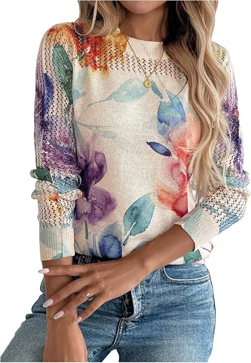 SOLY HUX Women's Floral Sweater Long Sleeve Crew Neck Hollow Out Knit Fall Casual Trendy Pullover... | Amazon (US)