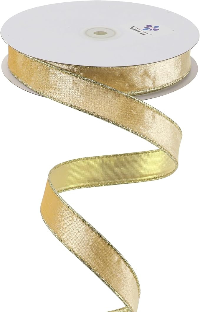 MEEDEE Skinny Gold Velvet Ribbon with Gold Back Double Sided Christmas Wired Ribbon Vintage Gold ... | Amazon (US)