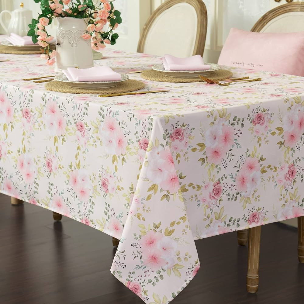 Joyfol Day Flower Tablecloth, Pink Floral Table Cloth for Square Tables,Waterproof Resistant Rose... | Amazon (US)