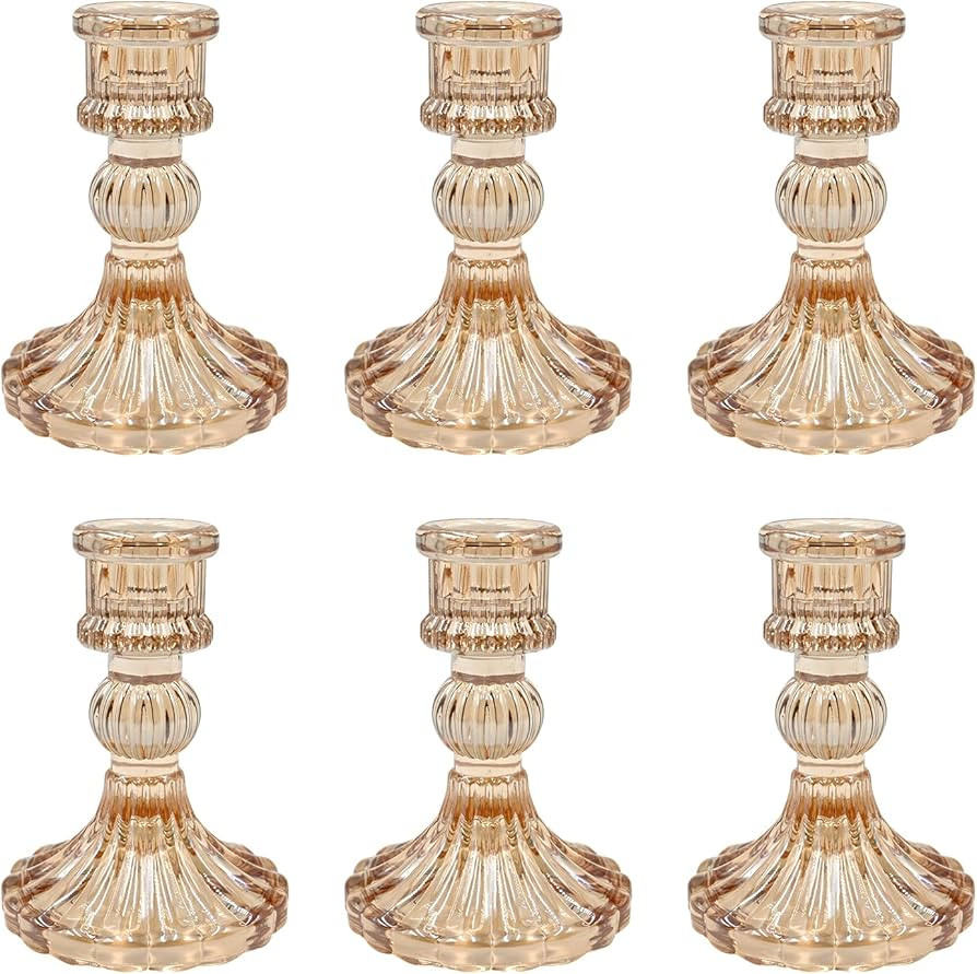 Glass Candlestick Holders Set of 6, Champagne Stripe Taper Candle Holders for Table Centerpiece, ... | Amazon (US)