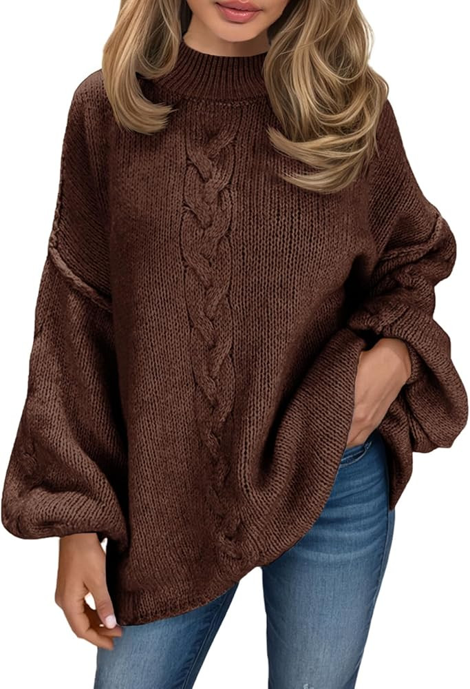 Saodimallsu Womens Oversized Cable Knit Sweater Chunky Mock Neck Long Lantern Sleeve Fall Trendy ... | Amazon (US)