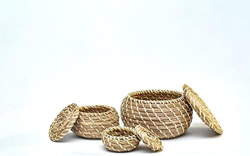 Set of 3 Round Handmade Seagrass Woven Basket with Lid – Handwoven Natural Box Storage for Accessori | Amazon (US)