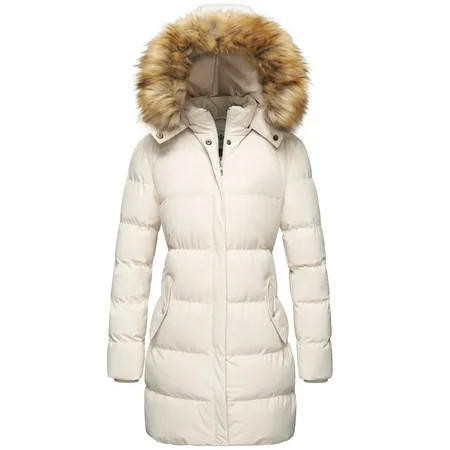 WenVen Women s Puffer Jacket Warm Padded Puffer Coat Hooded Winter Coat Beige L | Walmart (US)