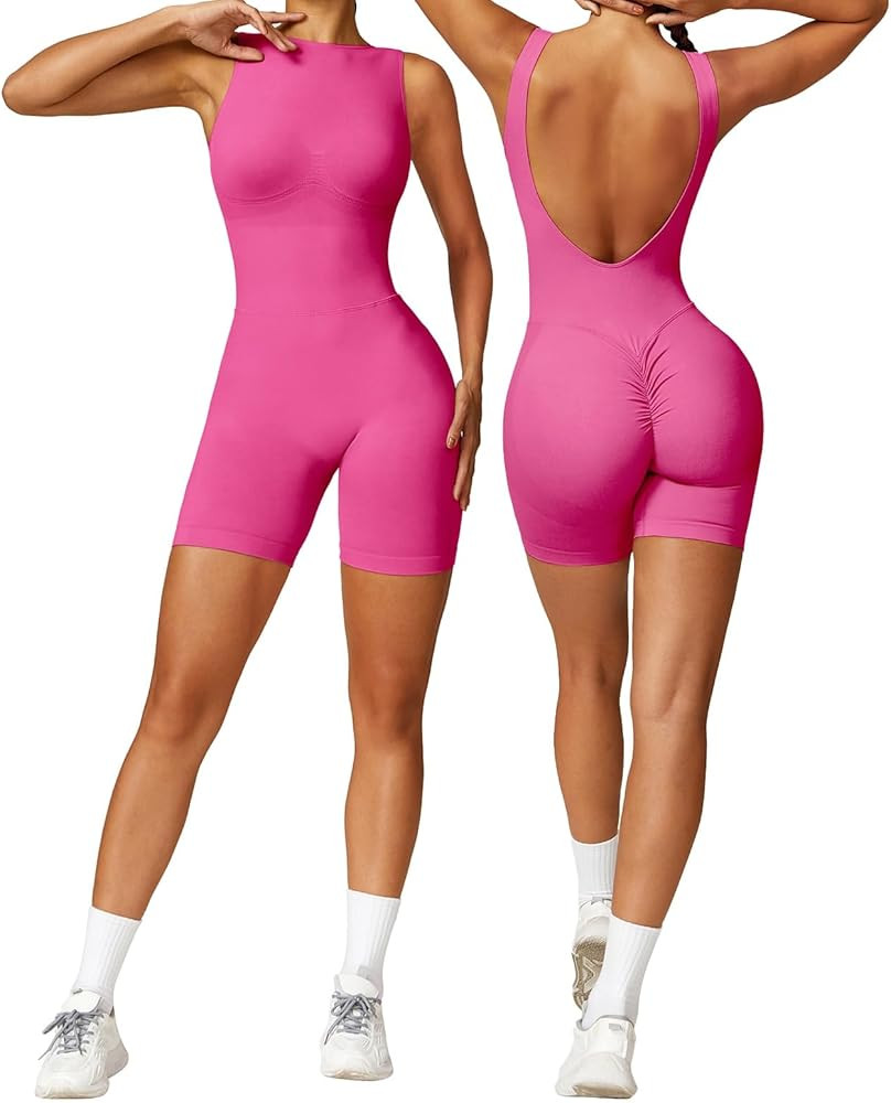 OEAK Scrunch Butt Jumpsuit Shorts for Women 2024 High Neck 5.5'' Booty Lift Short Unitard Backles... | Amazon (US)