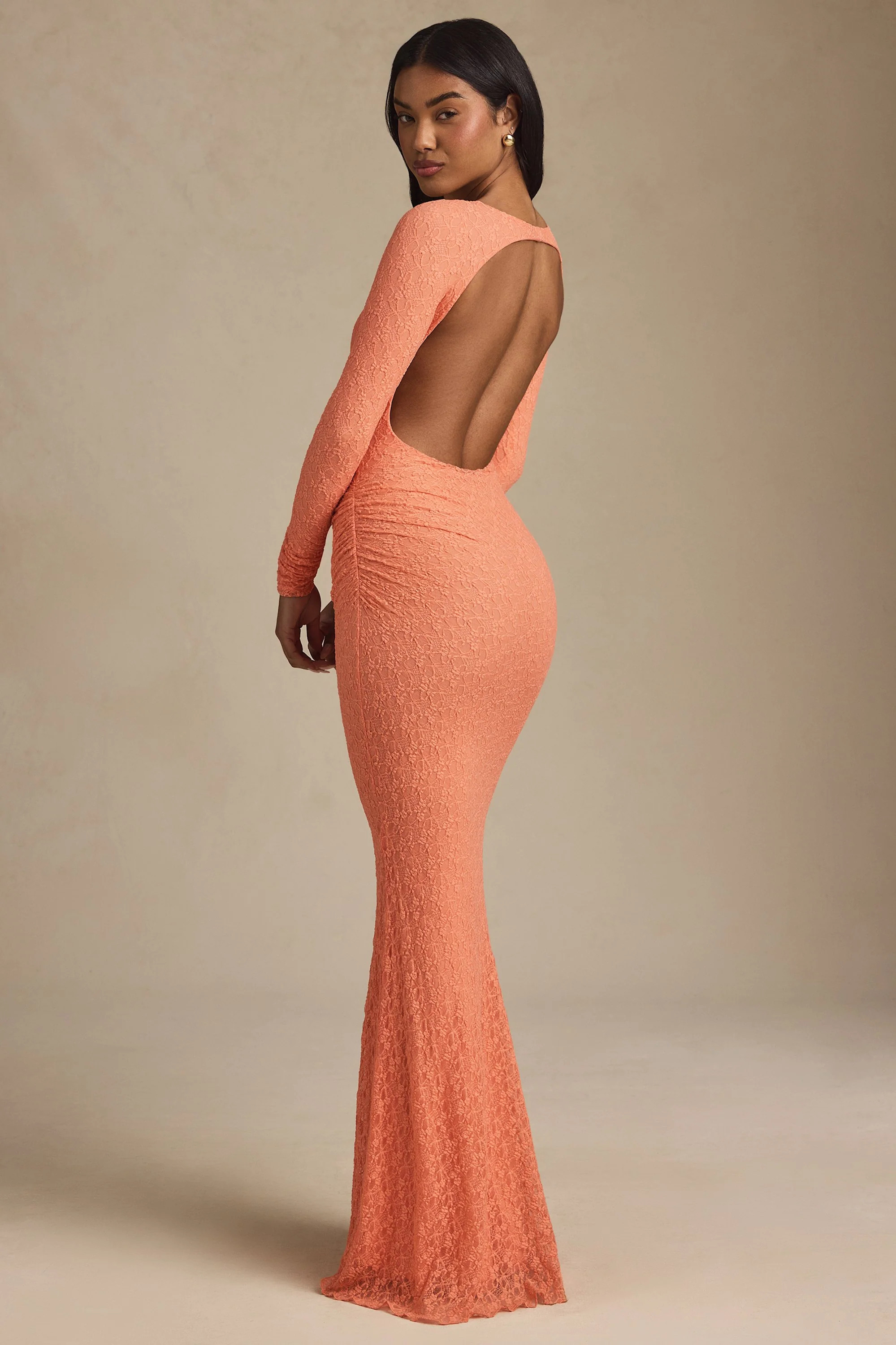 Ruched Backless Lace Maxi Dress in Peach | Oh Polly