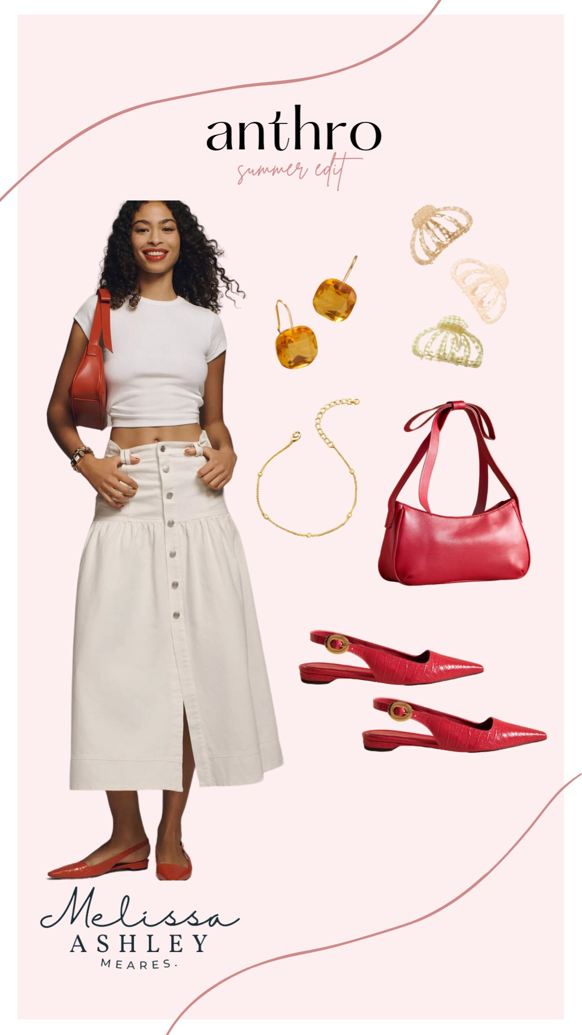 Trending summer look, all from anthro! I am loving the shoulder bag! Such a cute accent with the bow for the strap! 







Tshirt, tee, skirt, midi skirt, claw clip, jewelry, earrings, bracelet, flats, summer shoes, summer outfit, Anthropologie outfit, shoulder bag, purse 

#LTKStyleTip #LTKShoeCrush #LTKItBag