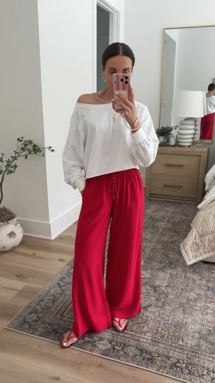 TRENDING! These red flowy pants are such a statement piece for summer. I love how they’re bold and eye-catching while still feeling relaxed and comfortable. Paired with a simple white top and sandals, they instantly make an outfit look put together.

Wearing XS in pants, S in top

Red pants, Summer outfit, Vacation style, Resort wear, Statement outfit, Wide leg pants, Casual chic, Colorful fashion, Summer fashion, Easy outfit idea, Travel style, Effortless dressing, annabrstyle

#LTKSeasonal #LTKootd #LTKOver40