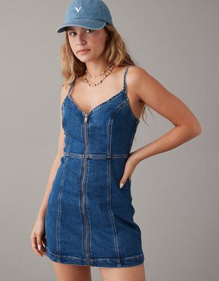 AE Zip-Front Denim Mini Dress | American Eagle Outfitters (US & CA)