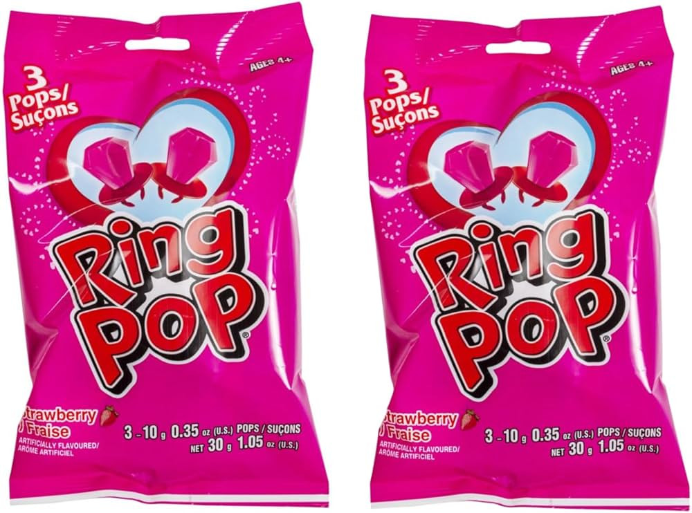 Valentine Strawberry Ring Lollipops - 3 Count Pack of 2 | Sweet Valentine Love-Themed Treats, 30g | Amazon (CA)
