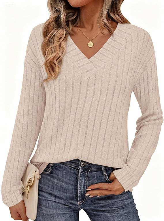 PRETTYGARDEN Fall Fashion 2025 Long Sleeve Shirts for Women Ribbed Knit V Neck Dressy Casual Ligh... | Amazon (US)