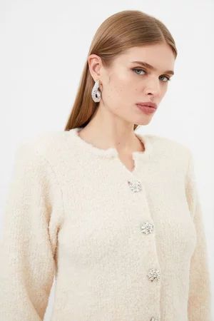 Boucle Knit Embellished Button Up Jacket | Karen Millen UK + IE + DE + NL
