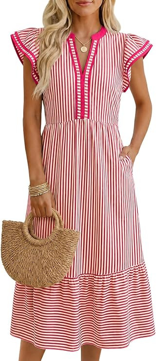 Wenrine Womens Summer Floral Midi Dresses Ruffle Cap Sleeve V Neck Striped Flowy Boho Casual Beac... | Amazon (US)