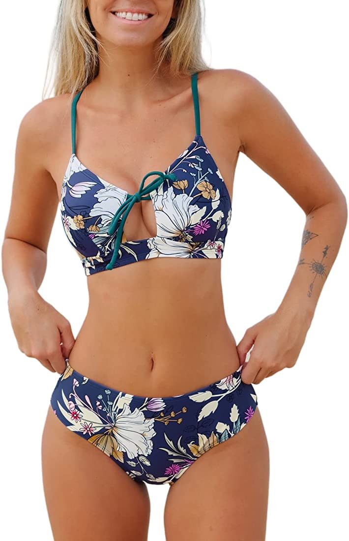 CUPSHE Bikini Set for Women Two Piece Swimsuits Tie Front Crisscross Lace Up Reversible Bottom Mi... | Amazon (US)