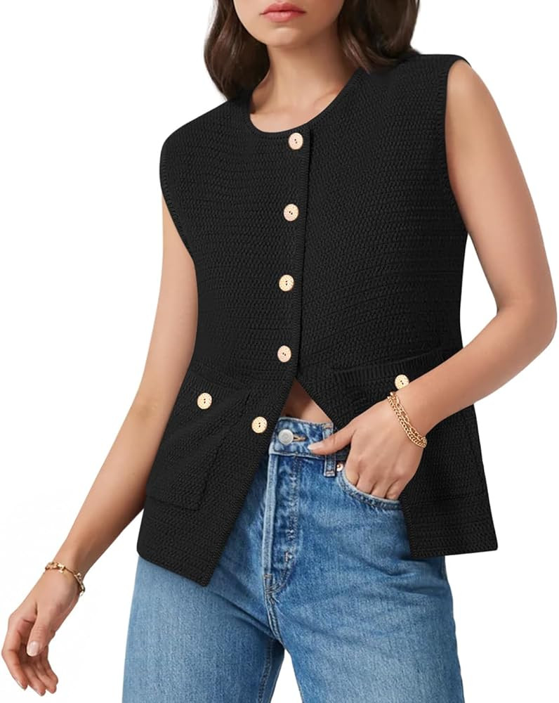 Yousify Womens Sweater Vest Sleeveless Button Down Round Neck Knitted Tank Tops Casual Cardigan with Pockets | Amazon (US)