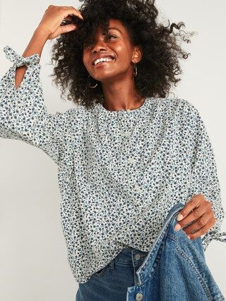 Oversized Floral-Print Corduroy Tie-Sleeve Blouse for Women | Old Navy (US)