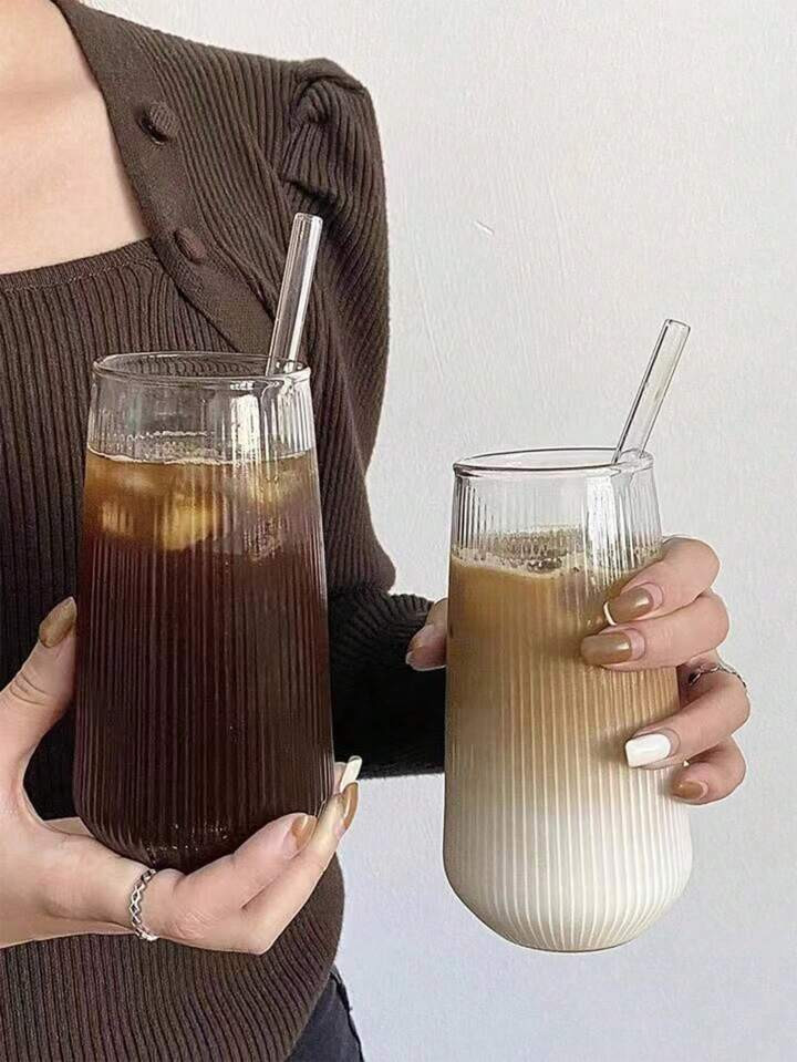 1 PIEZA 500ml 16.6oz Taza de vidrio a rayas vintage, taza de vidrio de borosilicato de grano vert... | SHEIN