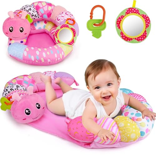 2 in 1 Baby Tummy Time Mat & Support Seated Pillow Infant Newborn Toys 0 1 2 3 4 5 6 Months Pink Caterpillar Sensory Developmental Playmat 0-6 3-6 12 Month Mirror Babies Girls Shower Valentines Gifts | Amazon (US)